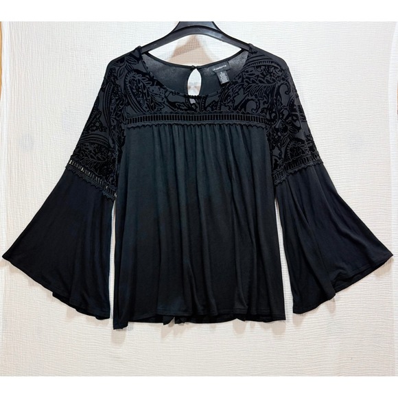 Liz Claiborne Tops - Liz Claiborne Bell Sleeve Top Womens XL Black Velvet Burnout Paisley Whimsigoth